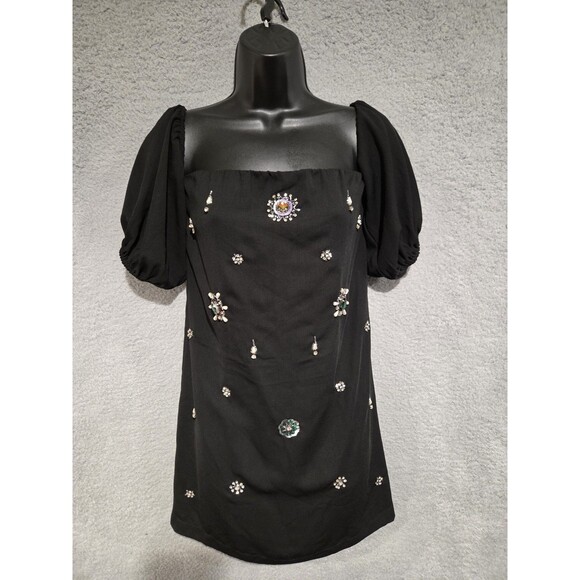 Corey Lynn Calter Mini Dress Womens XS Black Embellished Puff Sleeve Beaded Gem - Picture 1 of 8